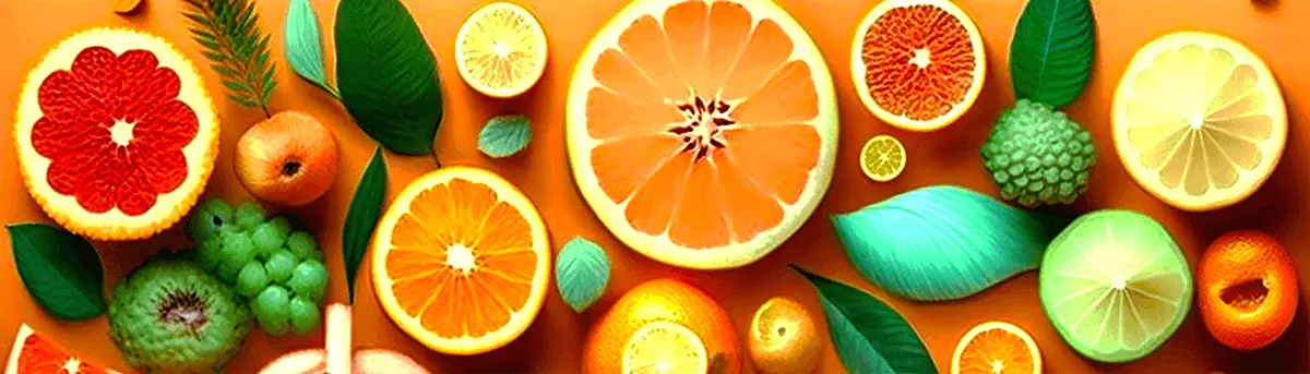Health Beauty and Fitness Banner with Orange, lime, and lemon Slices on orange background