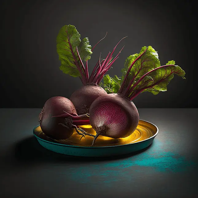 Benefits of Beets Image with Three Beets on a Plate with Leaves Intact