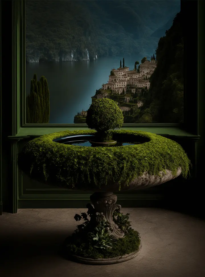 Tabletop Moss Garden Indoors with Lake in the Background