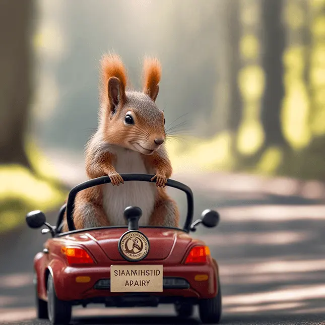 Free Clipart of Squirrel Driving A Red Car on a Forest Road