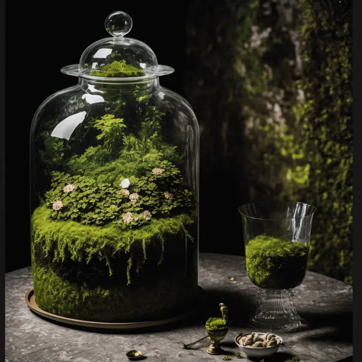 Indoor moss terrarium inside glass container with dark academia aesthetic decor