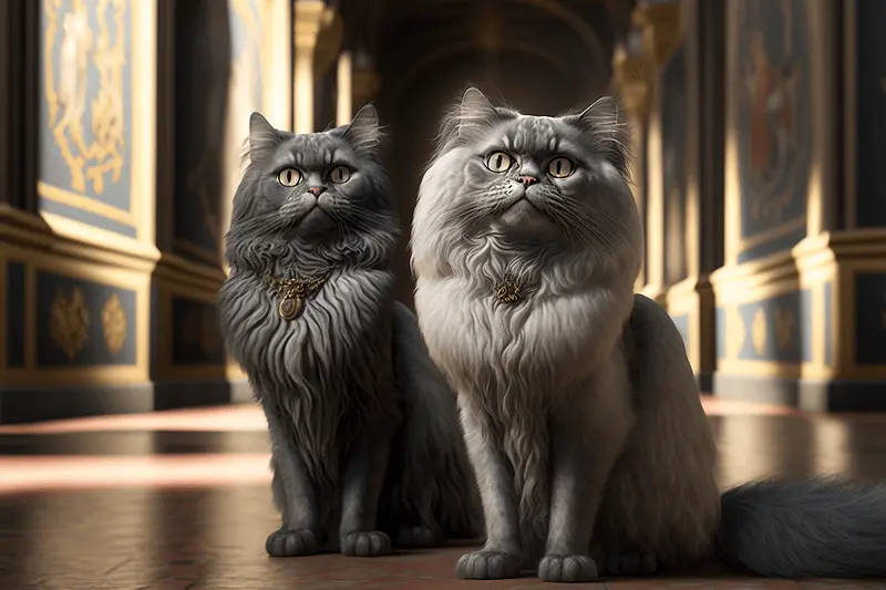 Two Grey Italian Persian Cats Wearing Jewelry in Historic Building with Ornate Walls
