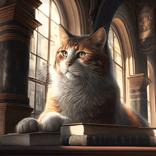 Dark academia-style AI-generated illustration of an Italian cat in a library