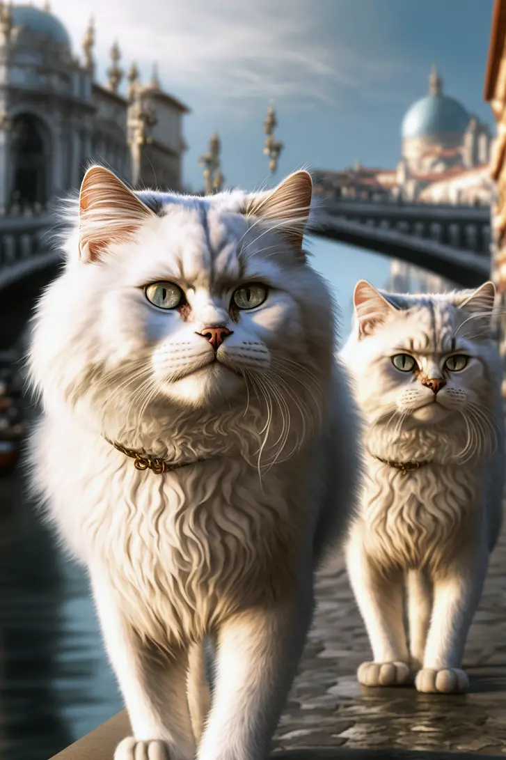 Two Angry White Italian Persian Cats Walking By the Water in Venice Italy