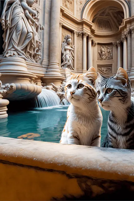 Italian Cats Photography of White and Grey Cats in fountain in Italy