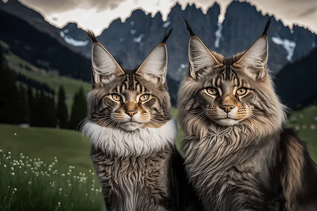 Two Italian Maine Coon Cats in the Mountains