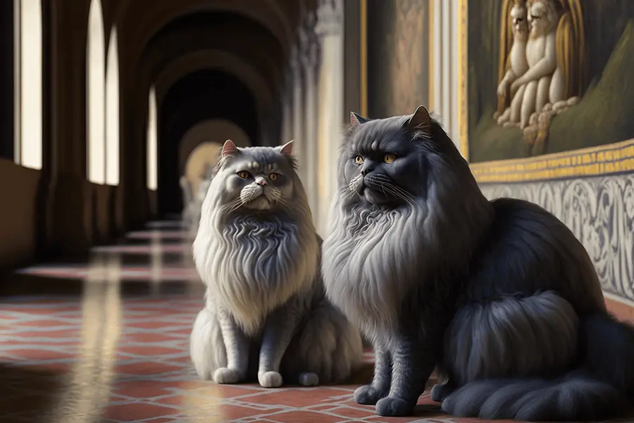 Two Italian Persian Breed Cats in Historic Italian Building with Paintings on the Walls
