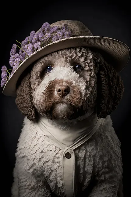 Italian Truffle Dog Lagotto Romagnolo Breed Wearing Hat with Purple flowers Animal Clipart