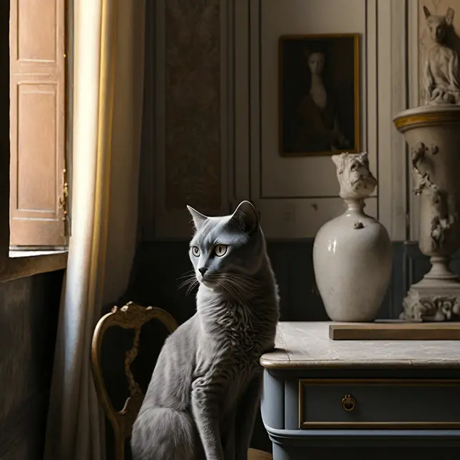 Maltese cat breed in an Italian interior design setting