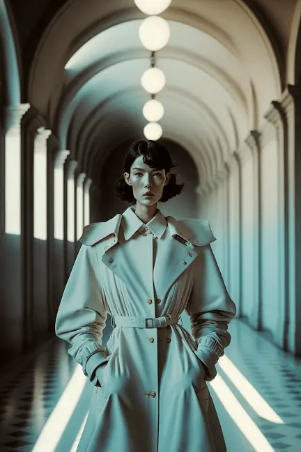 Light Academia Fashion Photography of Beautiful Woman In White Coat Trench Coat with Gold Buttons with French Aesthetic