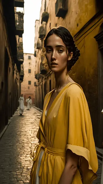 Light Academia Fashion Photography of Beautiful Woman In Yellow Silk Dress with Greek Aesthetic
