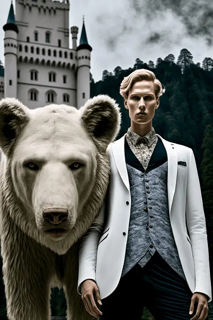 Light Academia Men's Fashion Model Standing with Bear in front of Castle