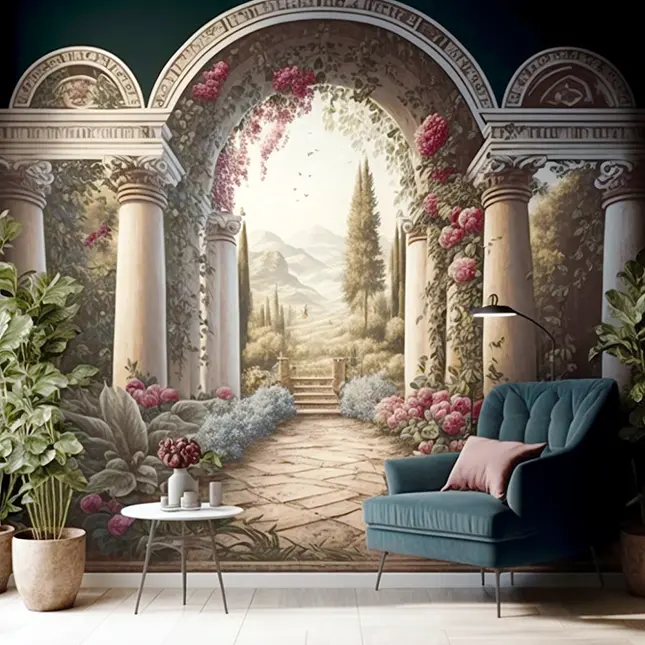 Light Academia Interior Design Featuring Beautiful Romantic Wallpaper a Plant and Blue Velvet Chair with Pale Pink Pillow