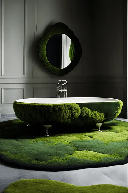 Moss Bath Mat Inside Bathroom with Green Tub and Moss Mirror