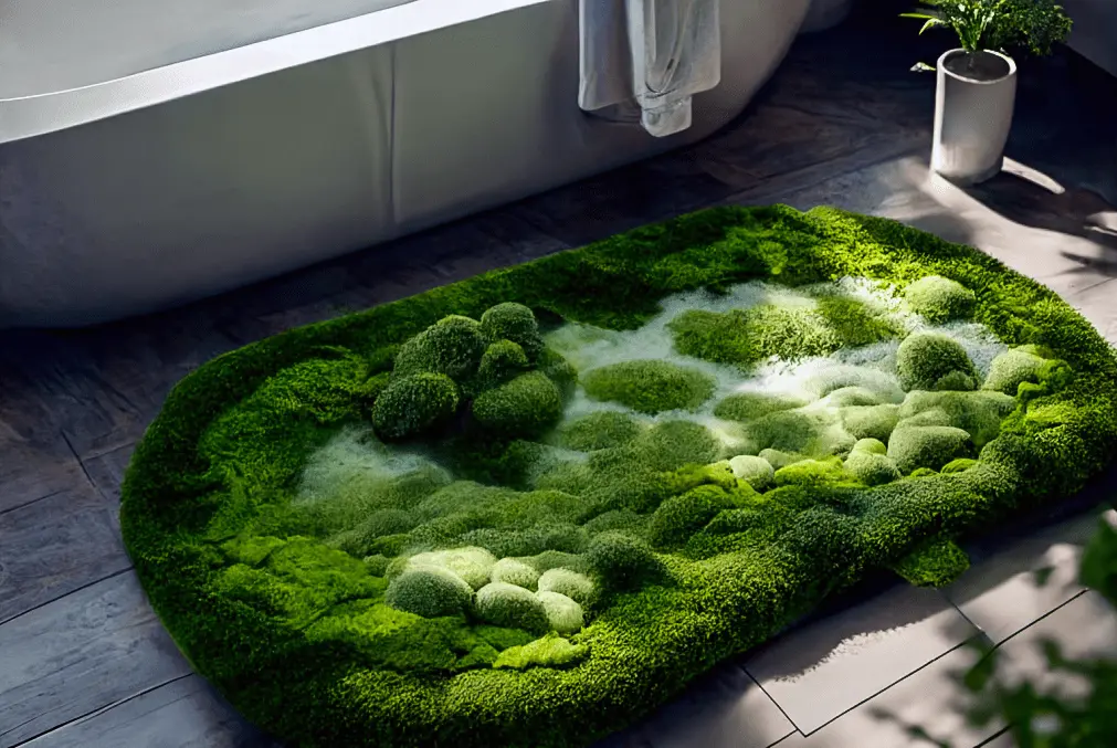 Live Moss Bath Mat In Bathroom Next to White Tub