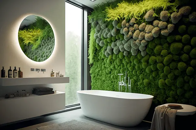 Moss Wall for Humidity Control In A Bathroom With A White Tub and Round Mirror
