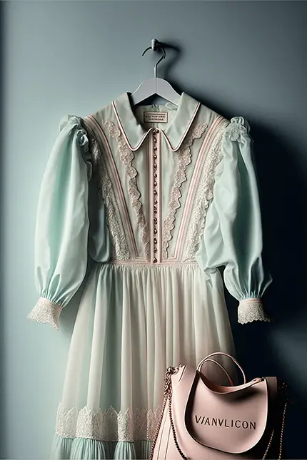 Light Academia Fashion Aesthetic Pale Blue Dress with pink accent ruffles, AI generated art Cottagecore