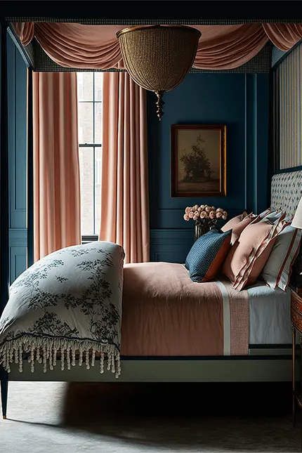 Preppy Aesthetic Bedroom Interior Design with Peach and Blue Accents
