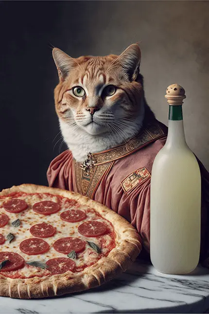 Renaissance-style AI-generated illustration of an Italian cat enjoying pizza