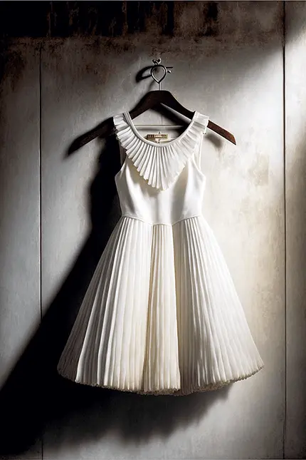 White Mini Dress, Pleated Silk, Sleeveless with Ruffled Neckline
