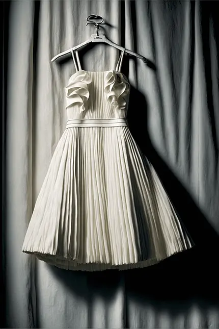 White Dress on Hanger, Pleated Silk, Spaghetti Straps Midi with Belt