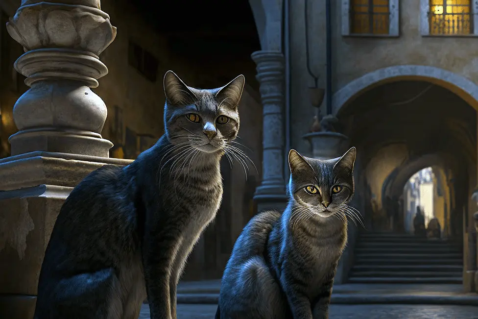 Illustration of Two Grey Cats in Medieval Italy