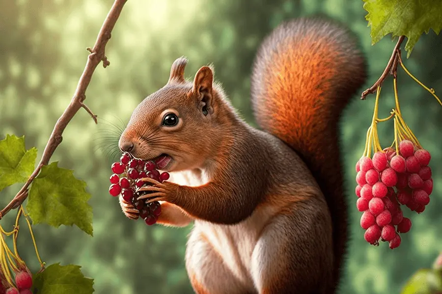 Cute Clipart of Squirrel with Bushy Tale Eating Fruit in the Forest