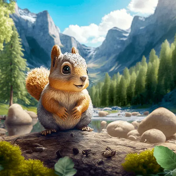 Cute Squirrel Clipart of Illustrated Squirrel in a Mountain Woodland