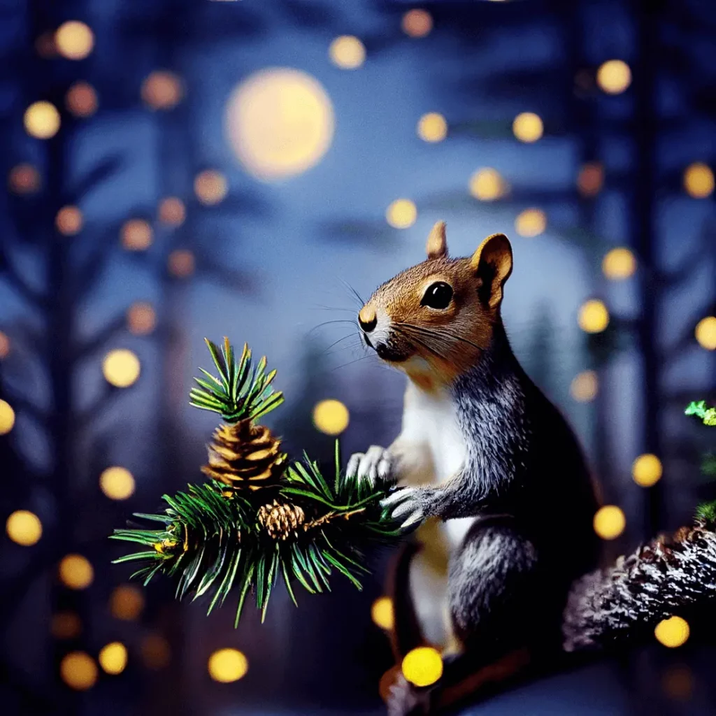 Cute Squirrel Clipart of Illustrated Squirrel in a Tree at Night with Moon in Background