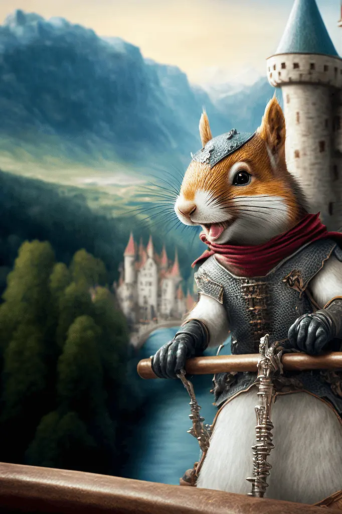 Clipart Illustration of Cute Squirrel Dressed as a Medieval Knight with Castle, Trees, and Mountains in the Background
