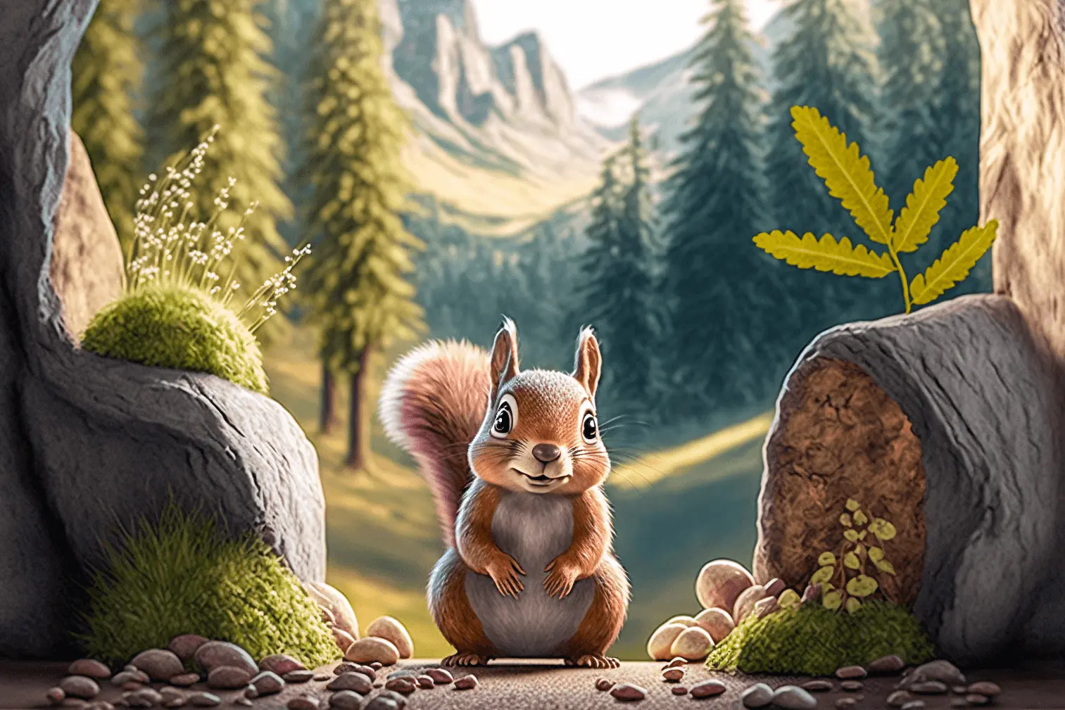 Squirrel Illustration of Squirrel in a Mountain Woodland