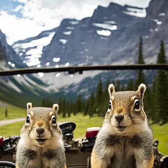 Squirrel Clipart of Two Squirrels Driving A Car In the Mountains