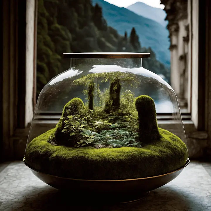 Moss Terrarium Encased In Glass on Tabletop with Window and Mountain Views in Background