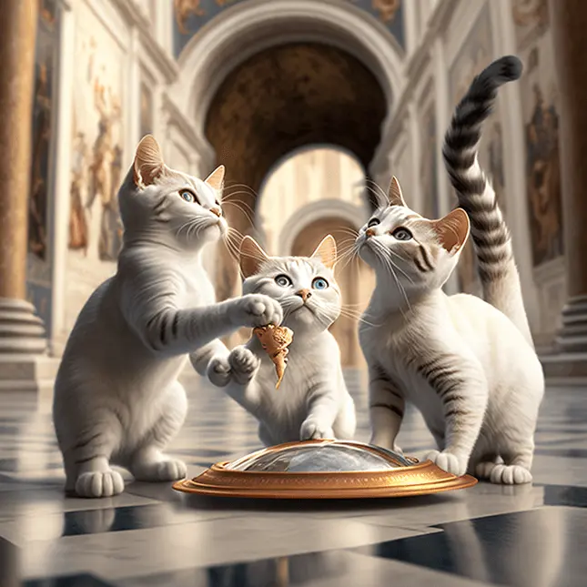 Three white Italian Cats inside Italian Renaissance Building