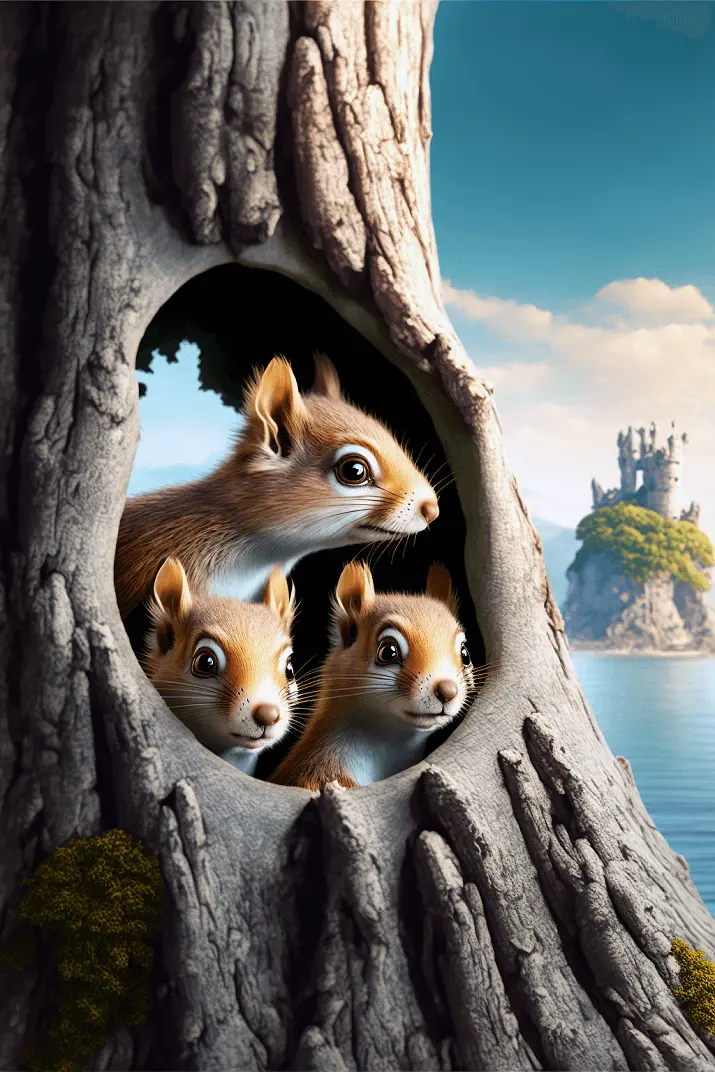 Clipart of Three Cute Squirrels Inside A Tree Hole with Water, Blue Skies and Castle in Background