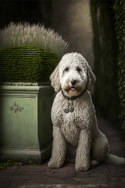 Lagotto Romagnolo Truffle Dog Italy White with Green Flower Pot
