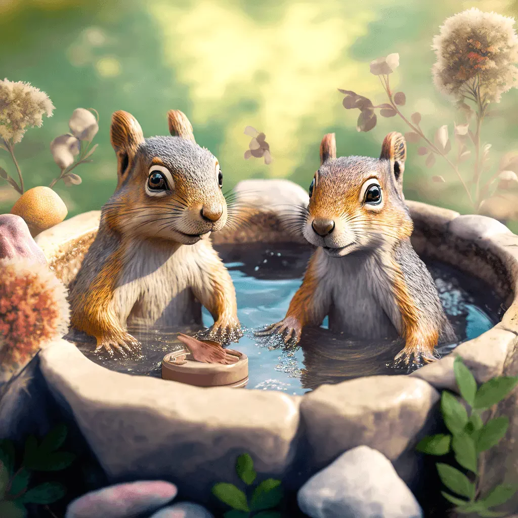 Cute Squirrel Clipart Illustration of Two Squirrels in a Bath in the Forest