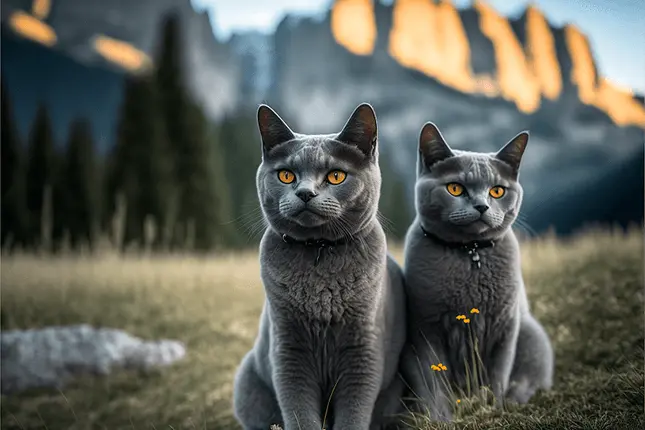 Two gray Italian Chartreux breed cats admiring the mountain scenery