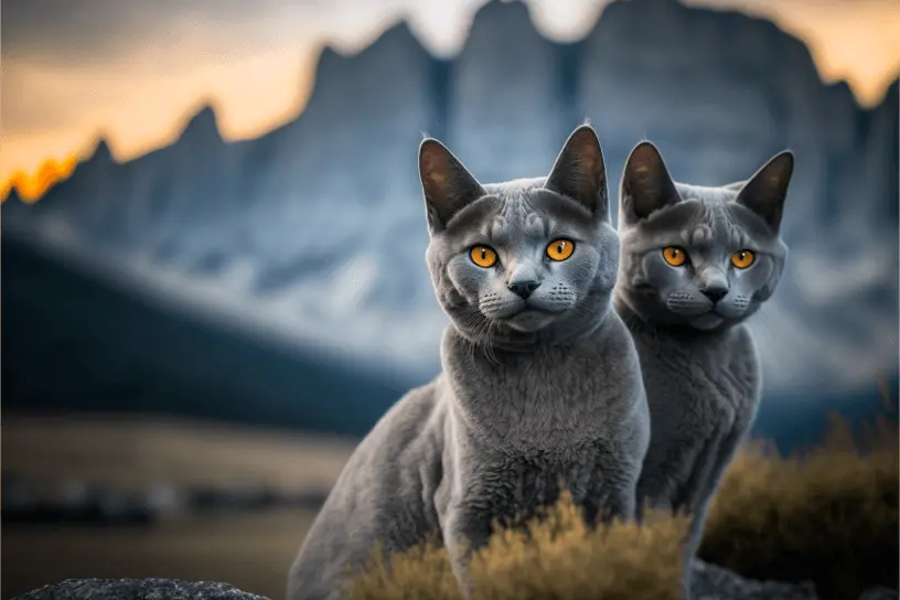 Two Italian Chartreux breed cats enjoying the view of the mountains