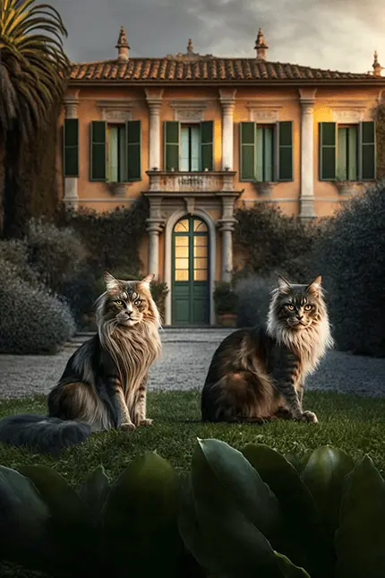 Two Maine Coon cats playing in an Italian Villa garden