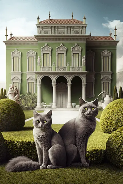 Two Maltese cats on a moss lawn in front of a green dark academia Italian manor house with classical columns