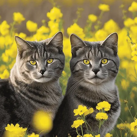 Two Maltese cats lounging in a field of flowers in Italy
