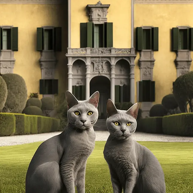 Two gray Maltese cats lounging on the moss lawn of an Italian Villa