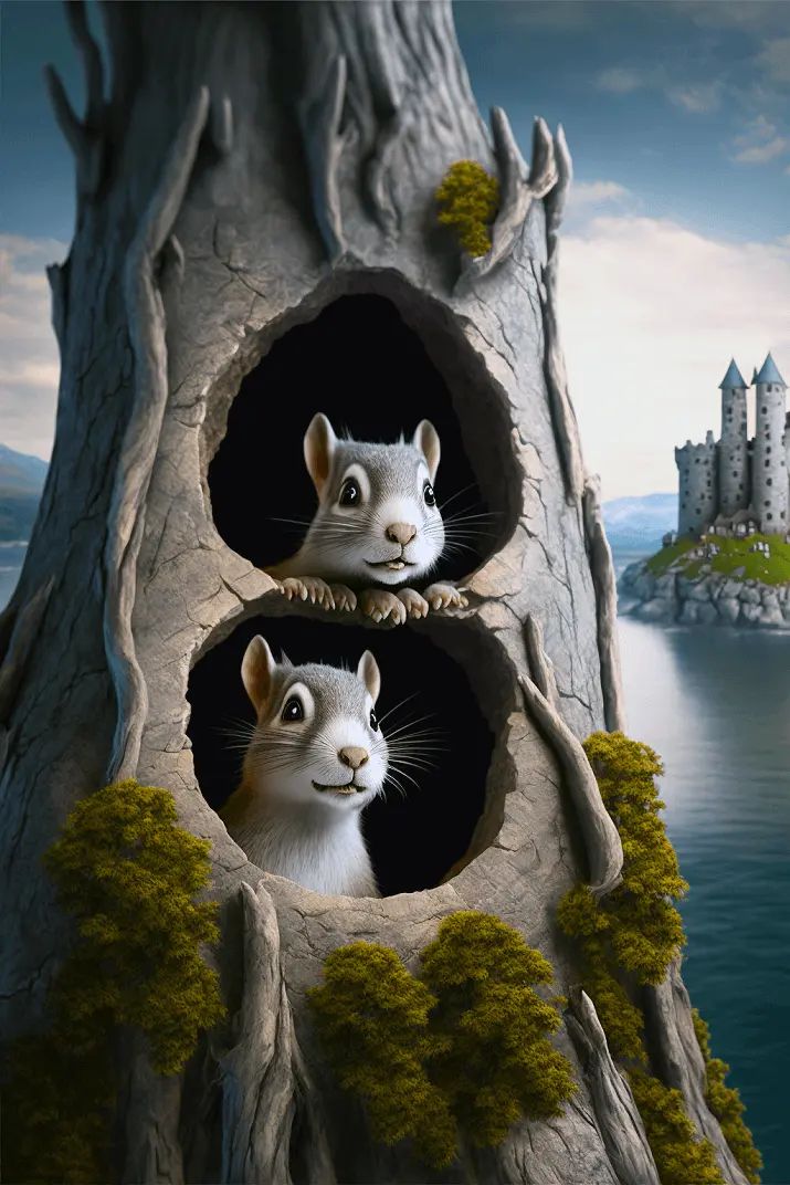 Clipart of Two Cute Squirrels Inside Two Tree Holes with Water, Blue Skies and Castle in Background