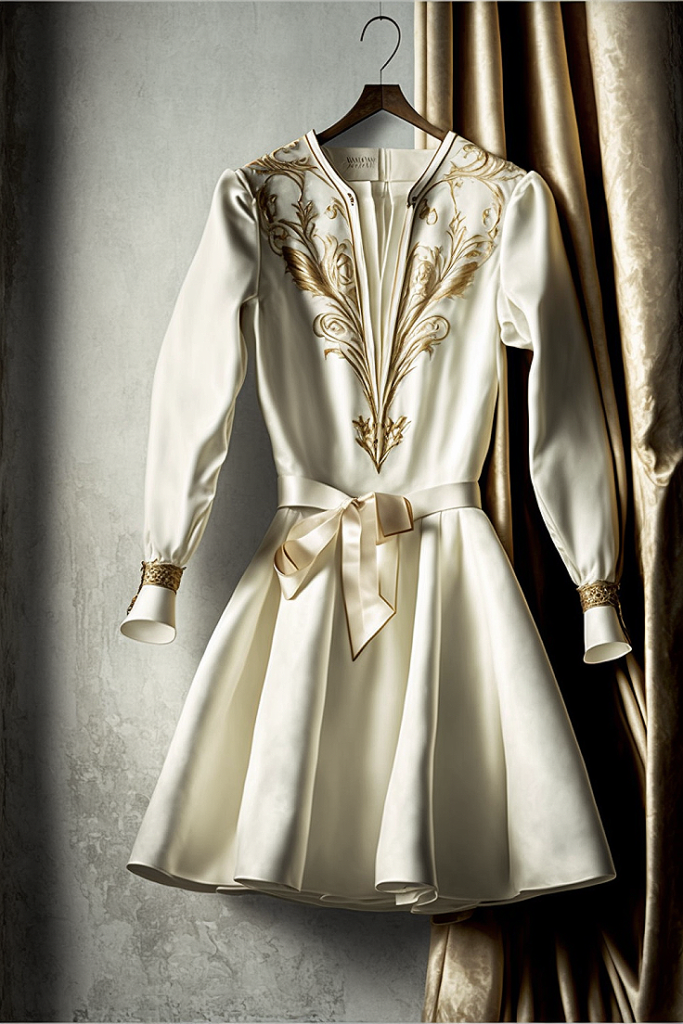White and Gold Dress with Long Sleeves, Silk