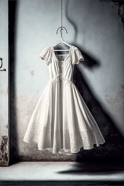 White Cotton Midi Dress with ruffled sleeves, cottagecore aesthetic