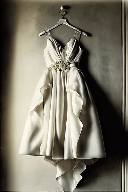 White Formal Dress on Hanger, Silk with ruffles