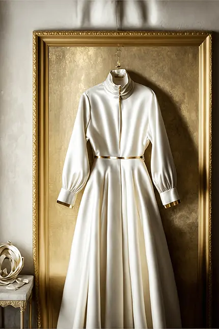 White Long Sleeve Dress with Gold Belt, Silk