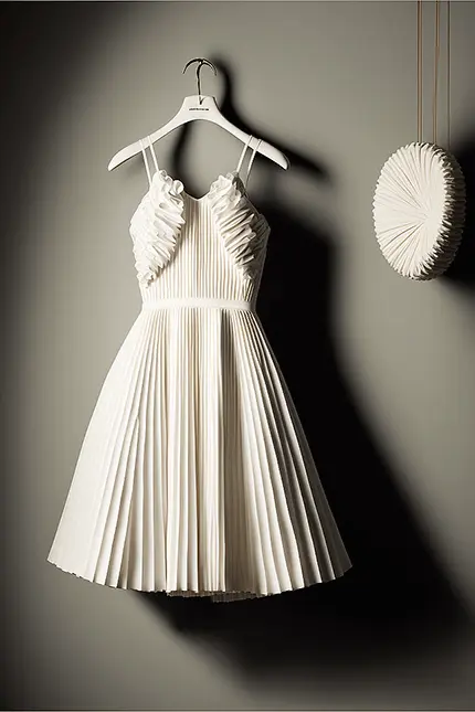 White Dress on Hanger, Pleated Silk, ruffled front, Sleeveless