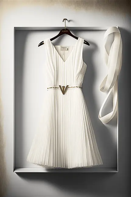 White Dress on Hanger, Pleated Silk, Sleeveless with Gold Belt